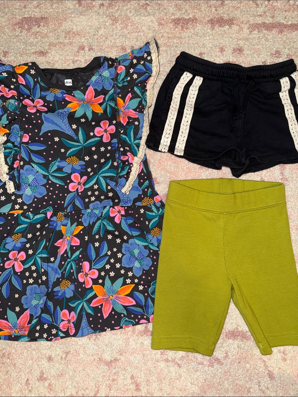 Tea Collection Black Floral Ruffle Top w/ Black and Olive Shorts - Size 4 Bundle